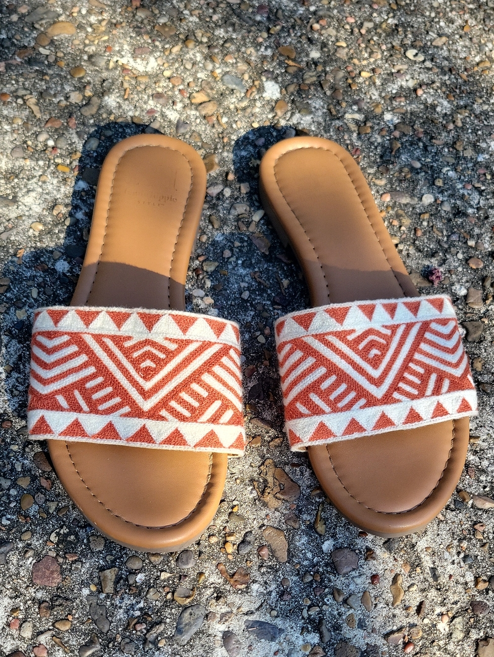 Women's Tan Slide Sandals with Rust-Patterned Fabric Strap